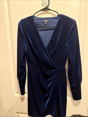 Express Deep Blue Velvet Long Sleeve Wrap Dress